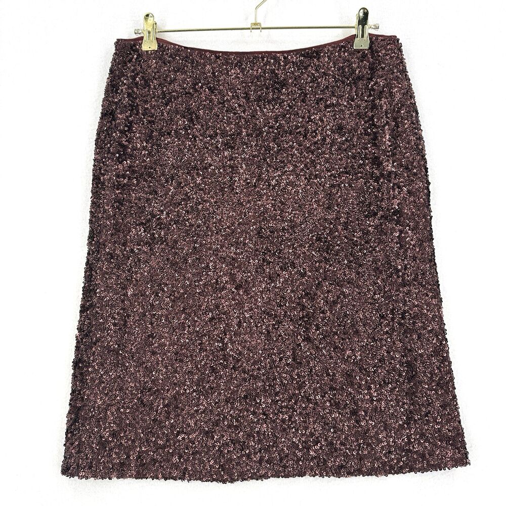 Lafayette 148 New York Sequin Skirt Women 10/12 Brown Burgundy Knee Length Party
